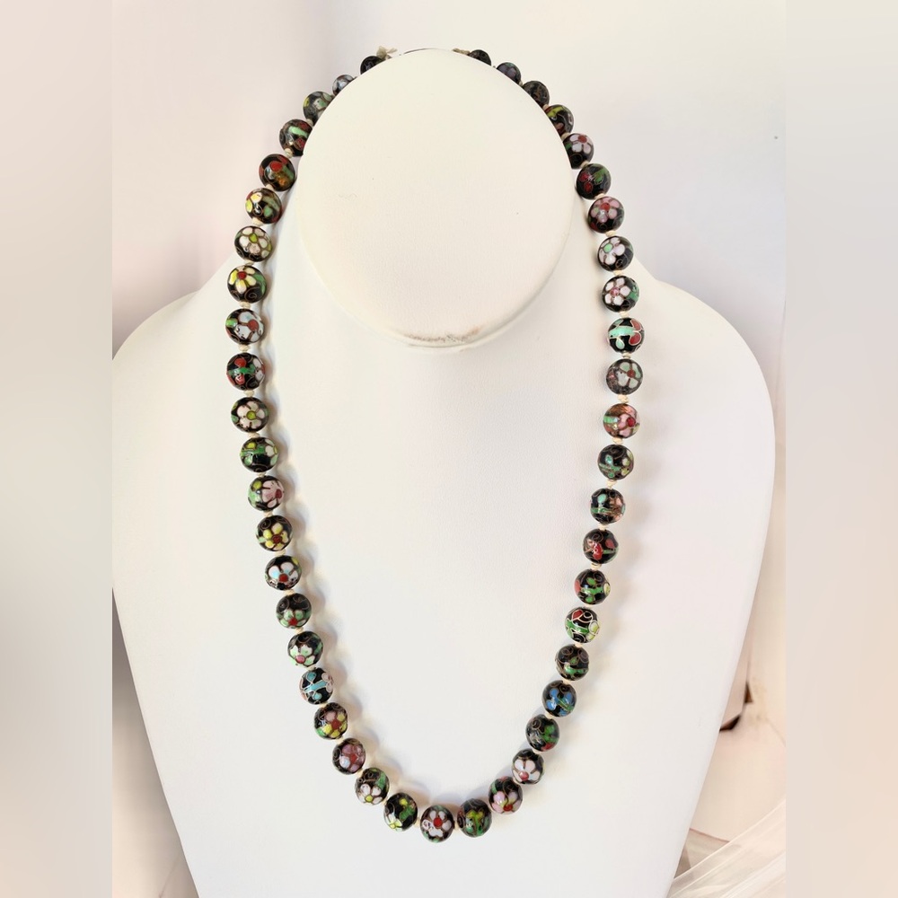Vintage 1940’s Cloisonné Bead Necklace Black 21” long